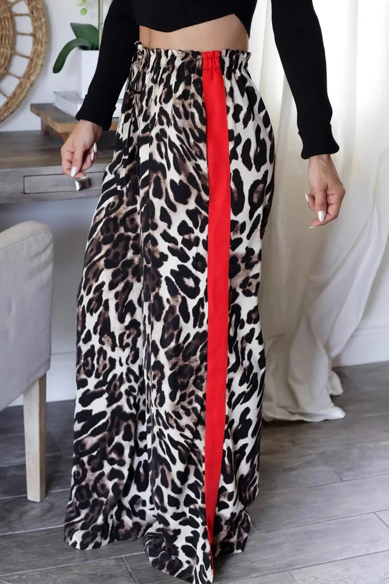 Casual Daily Stripe Leopard Patchwork Loose High Waist Wide Leg Full Print Bottoms - Panekey