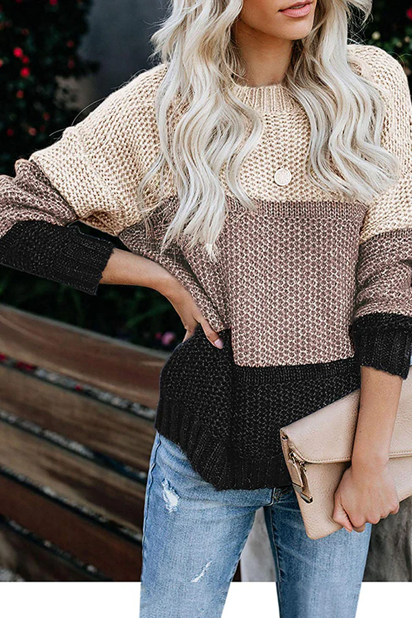 Casual Patchwork Basic  Contrast O Neck Tops Sweater - Panekey