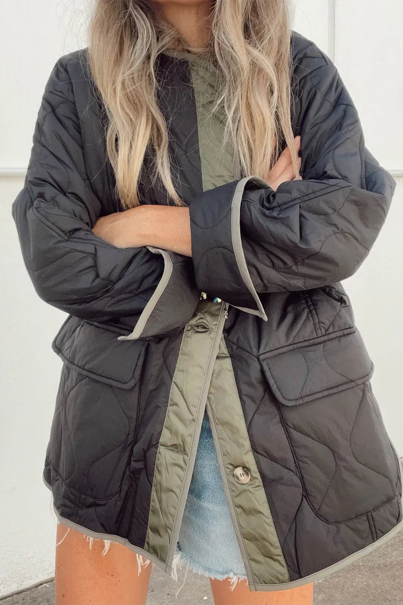 Casual Color Block Buckle Contrast O Neck Outerwear - Panekey