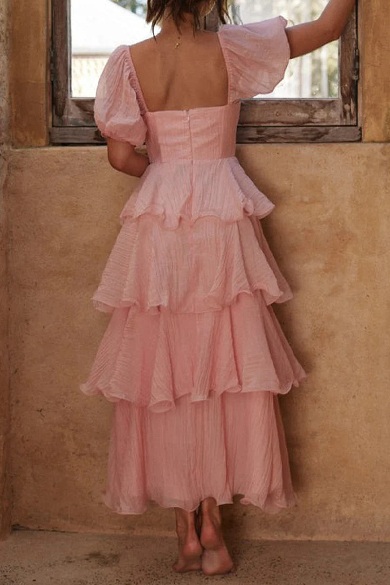 Casual Backless Flounce Square Neck Cake Skirt Dresses - Panekey