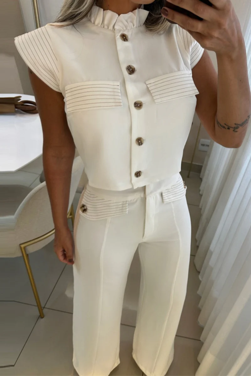 Casual Buttons Mandarin Collar Short Sleeve Two Pieces - Panekey