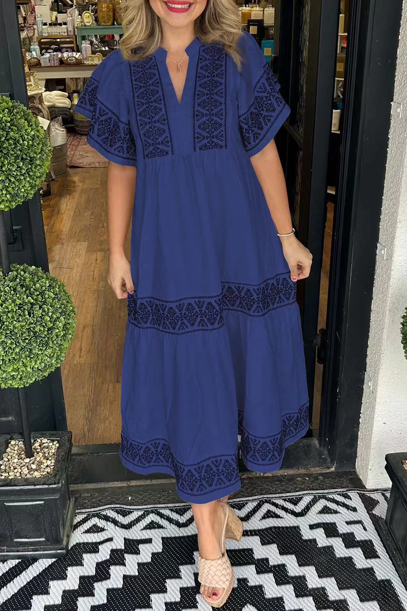 Casual Geometric Print Patchwork V Neck A Line Short Sleeve Dress(7 Colors) - Panekey