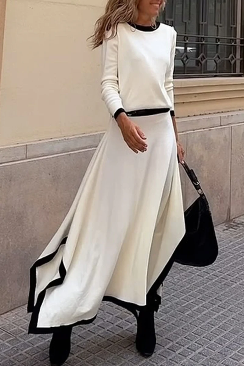 Casual Patchwork Irregular Contrast O Neck Long Sleeve Two Pieces(3 Colors) - Panekey