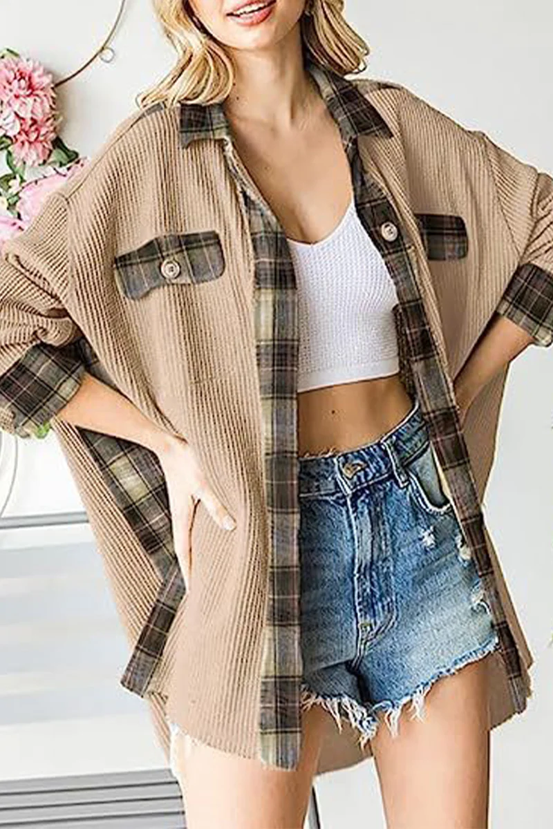 Casual Color Block Pocket Contrast Turndown Collar Tops - Panekey