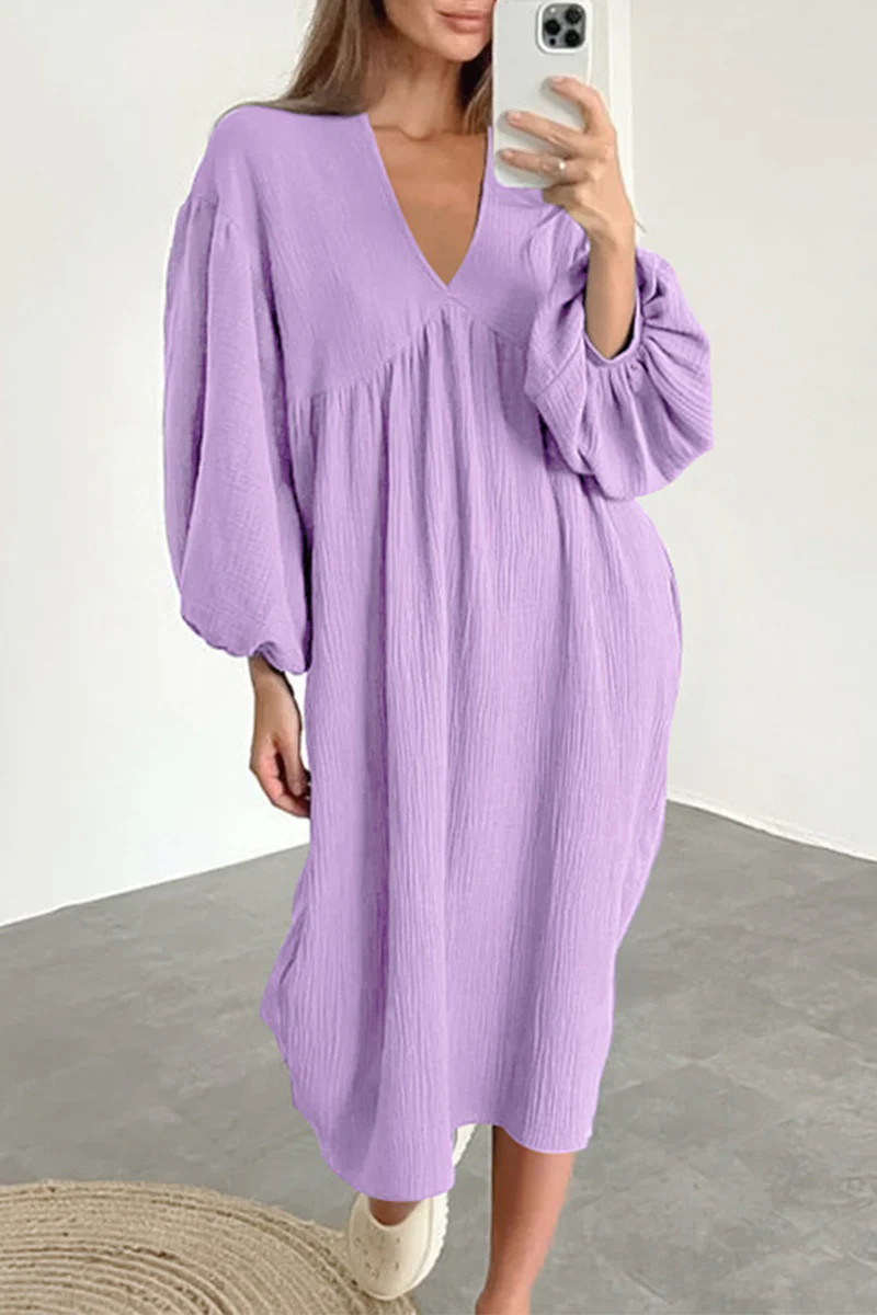 Casual Living Solid Pocket V Neck Long Sleeve Dresses - Panekey