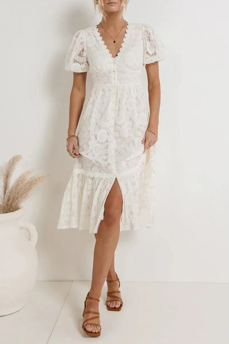 Casual Daily Solid Color Lace Buttons V Neck A Line Dresses(4 Colors) - Panekey