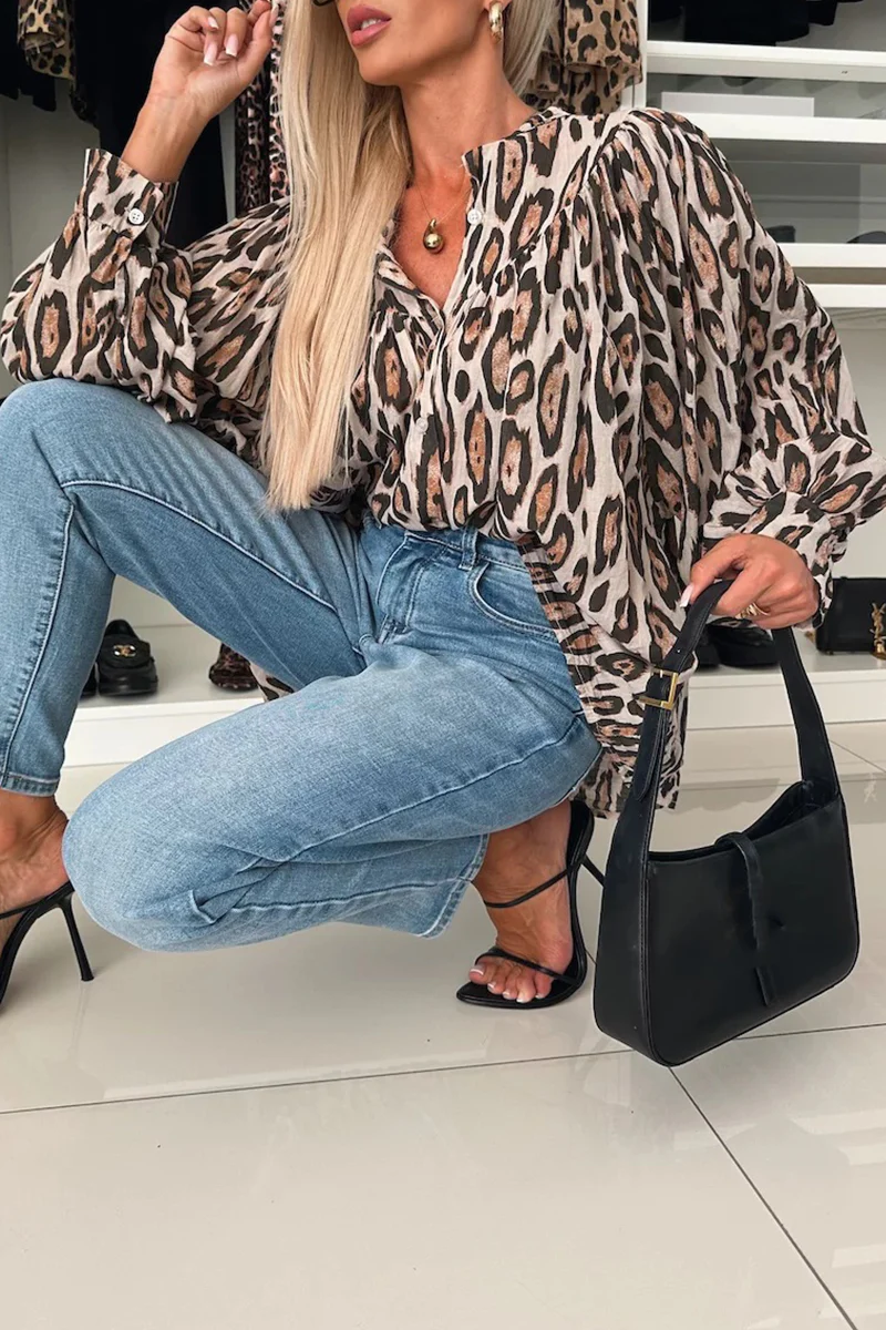 Casual Leopard Buttons Ruched O Neck Blouses - Panekey