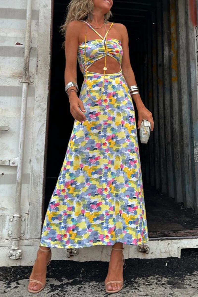 Casual Geometric Print Backless Contrast V Neck One Step Skirt Dresses(Two ways to wear) - Panekey