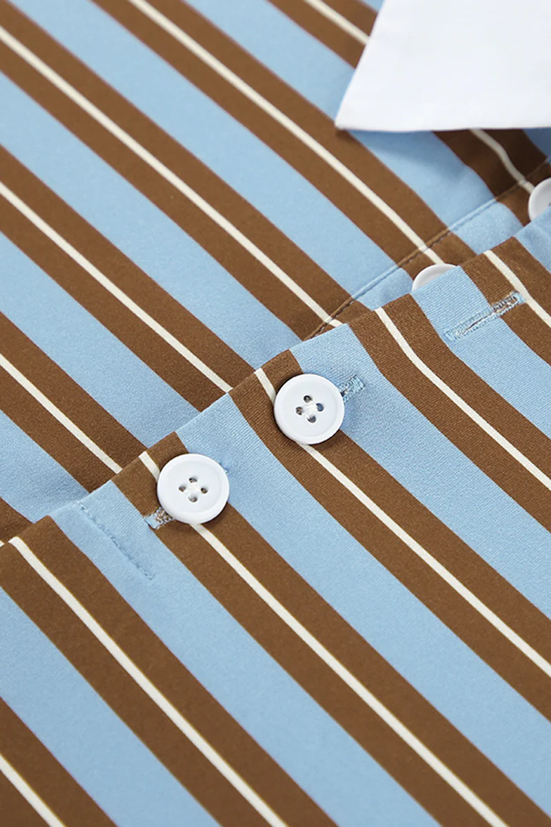 Casual Daily Striped Print Buttons Contrast Turndown Collar Tops - Panekey