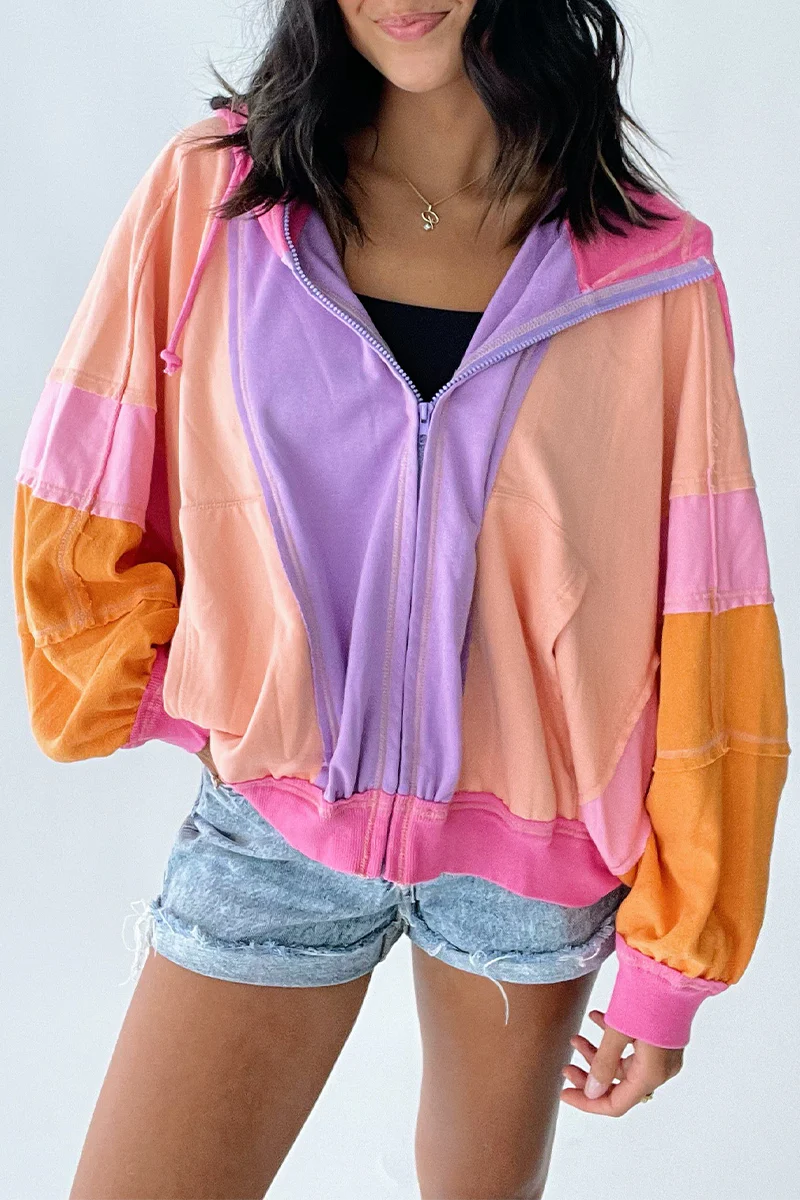 Casual Colorblock Patchwork Contrast Hooded Tops - Panekey