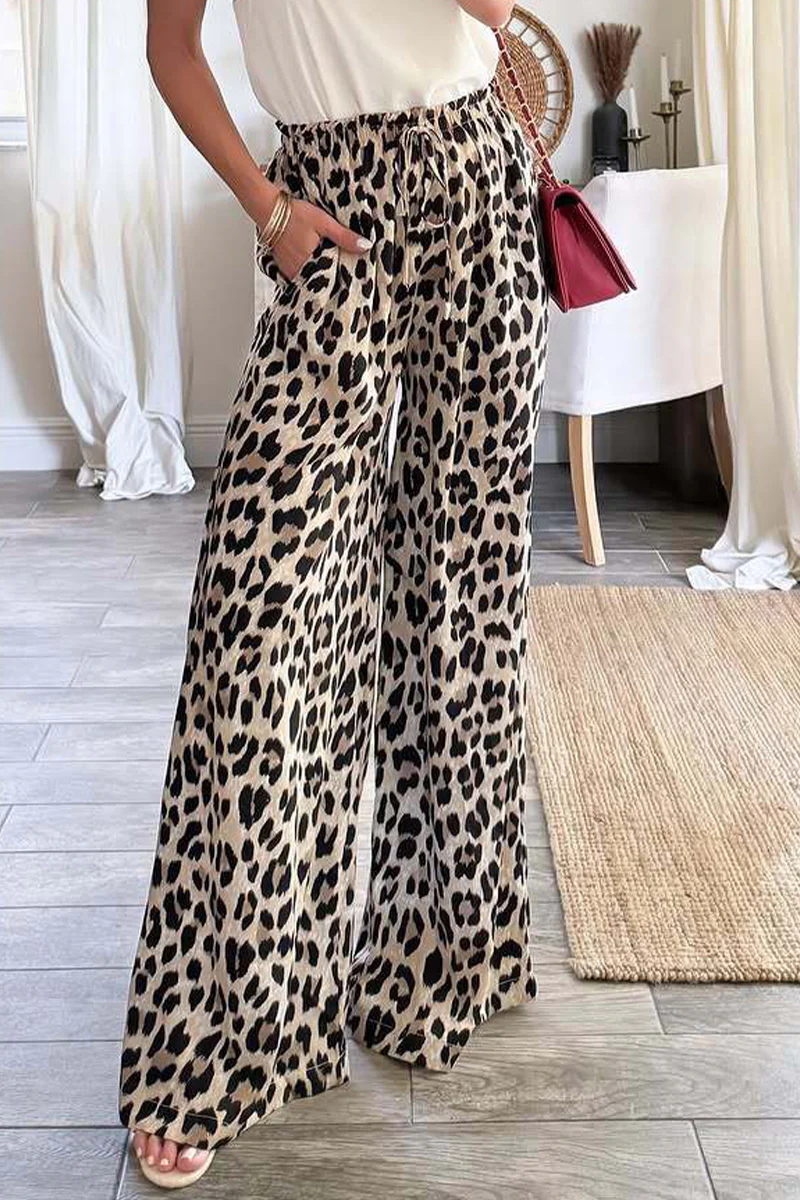Casual Leopard Pocket Lace Up Loose High Waist Wide Leg Full Print Bottoms - Panekey