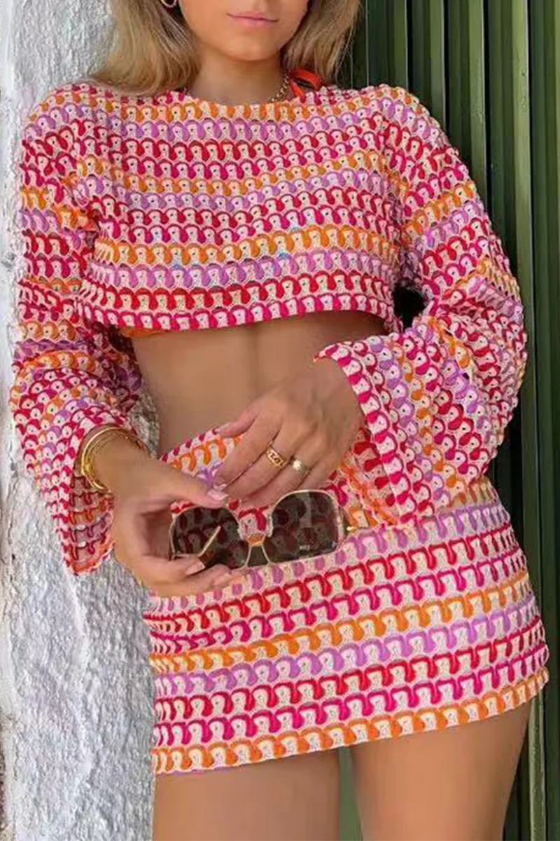 Casual Colorblock Lace Contrast O Neck Long Sleeve Two Pieces - Panekey