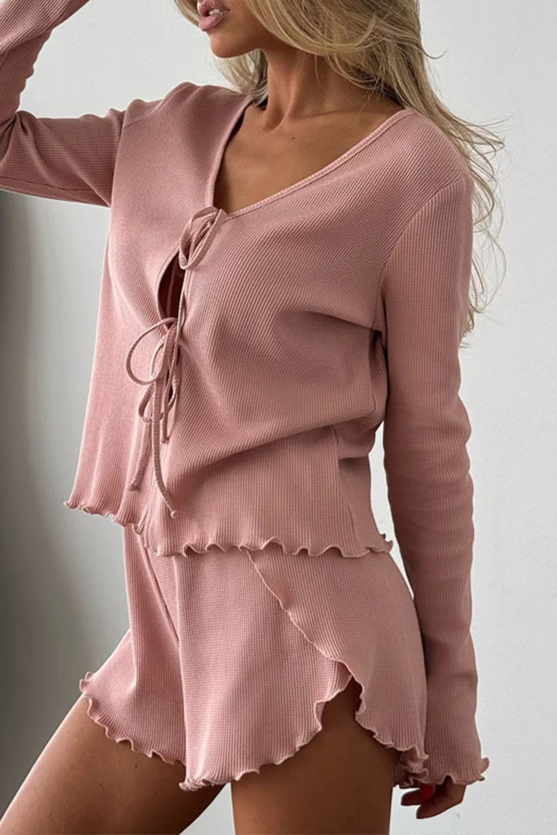 Casual Daily Lace Up Ruffle V Neck Long Sleeve Two Pieces - Panekey