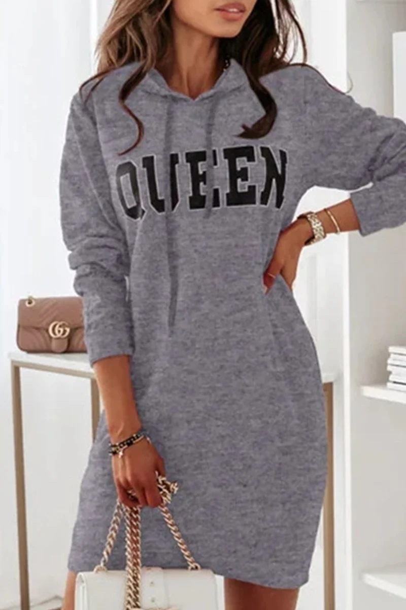Casual Letter Draw String Hooded Collar Dresses - Panekey