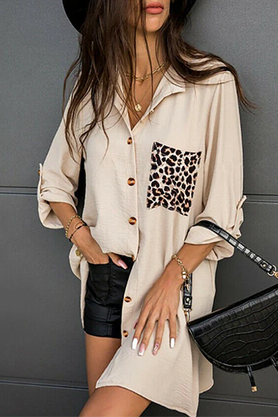 Casual Leopard Split Joint Buckle Turndown Collar Tops - Panekey