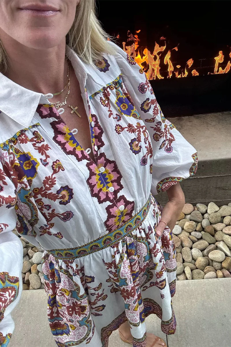 Casual Daily Floral Print Pocket Buttons Turndown Collar A Line Dresses - Panekey