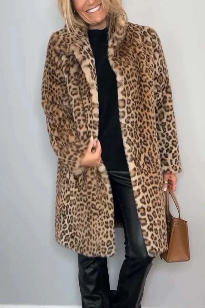 Casual Leopard Patchwork Fluffy Turndown Collar Outerwear(5 Colors) - Panekey