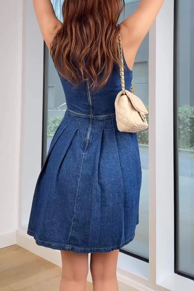 Casual Hollow Out Ruched Zipper O Neck Sleeveless Denim Dresses - Panekey