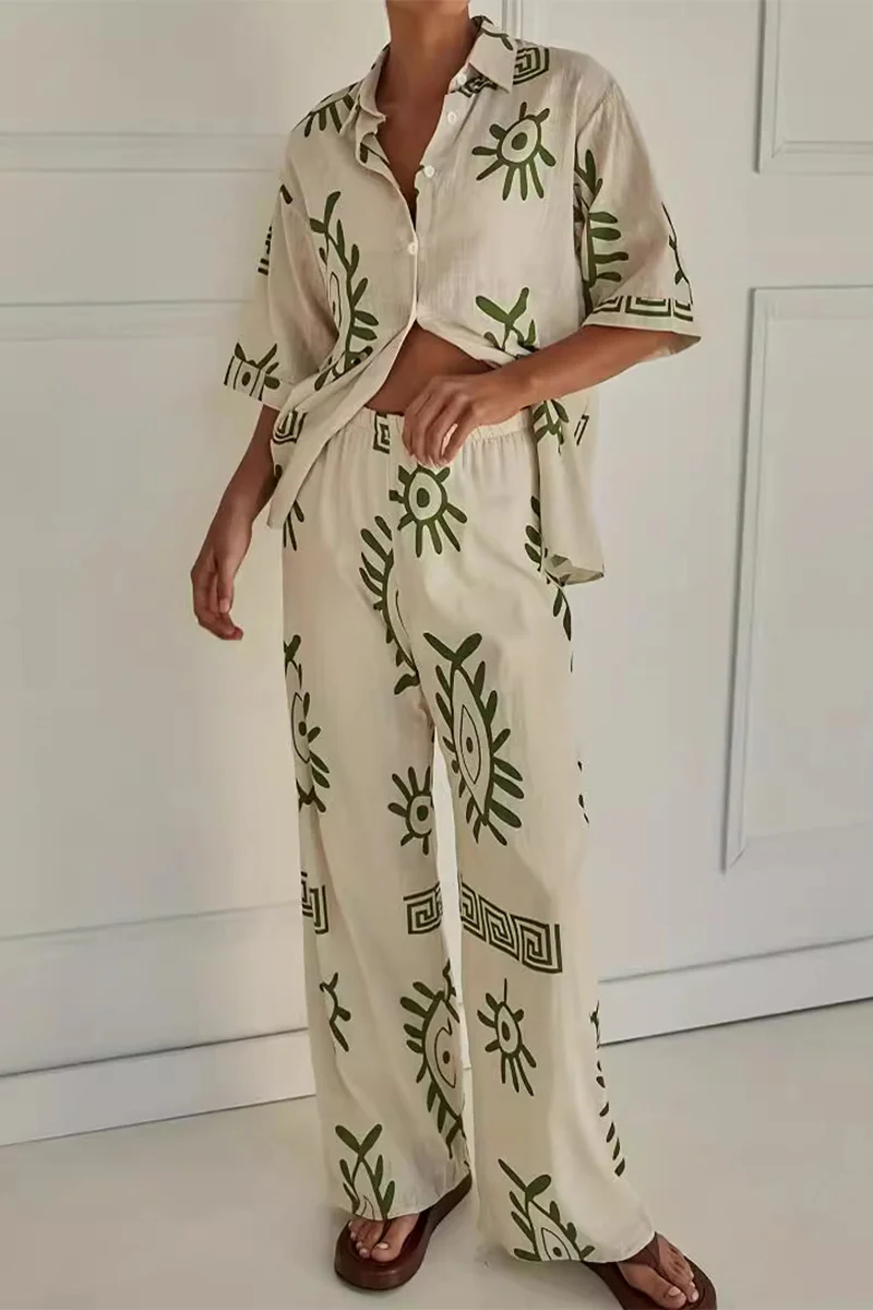 Casual Geometric Print Buttons Turndown Collar Short Sleeve Two Pieces - Panekey