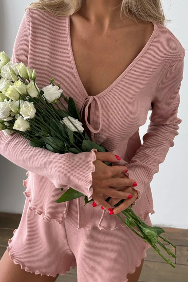 Casual Daily Lace Up Ruffle V Neck Long Sleeve Two Pieces - Panekey