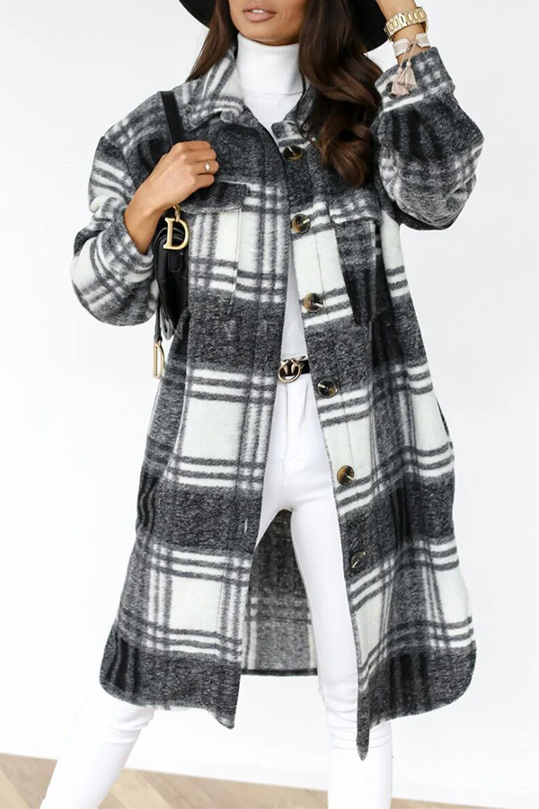 Casual Elegant Plaid Pocket Buckle Turndown Collar Outerwear - Panekey