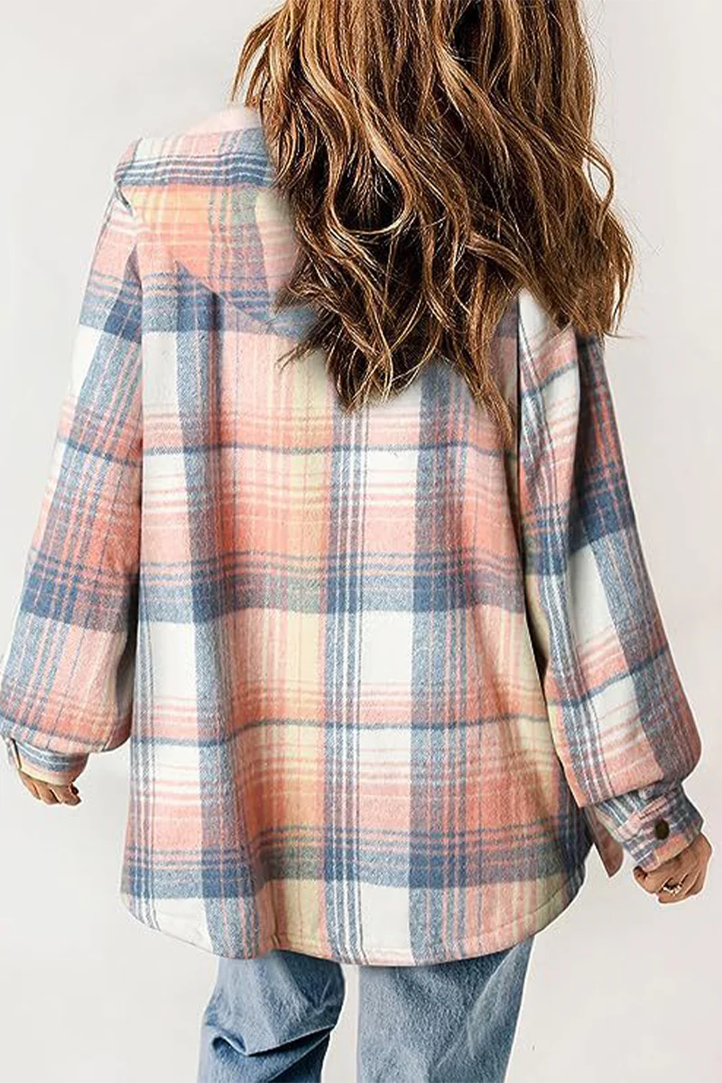 Casual Plaid Pocket Fluffy Contrast Hooded Outerwear(7 Colors) - Panekey