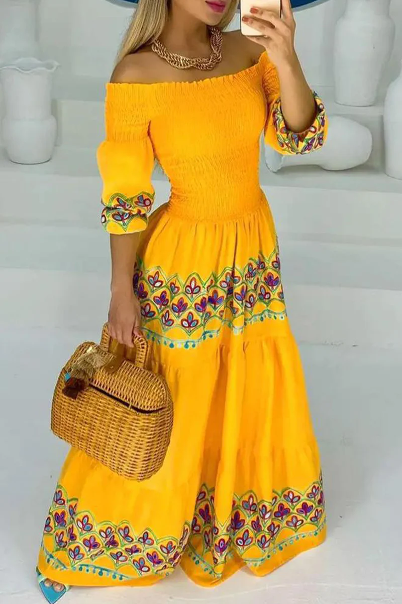 Bohemian Geometric Print Off the Shoulder Printed Dress Dresses - Panekey