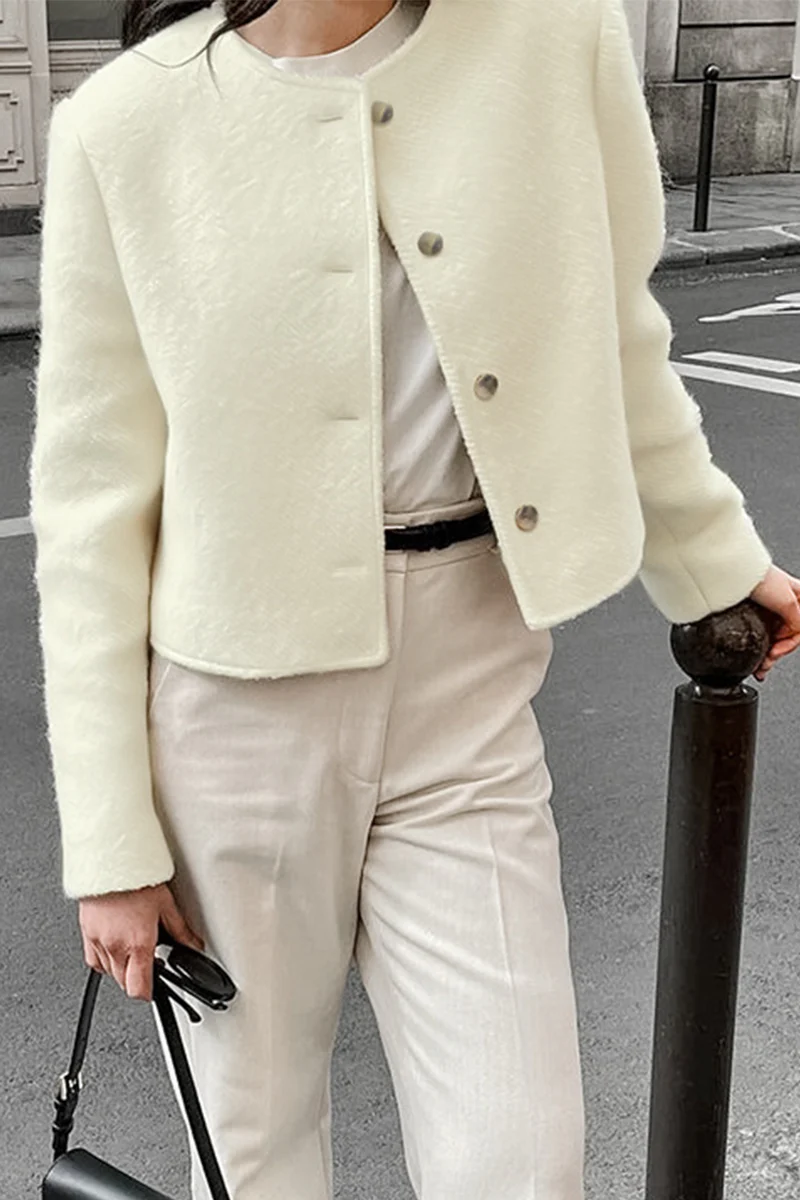 Casual Daily Solid Color Buttons O Neck Outerwear - Panekey