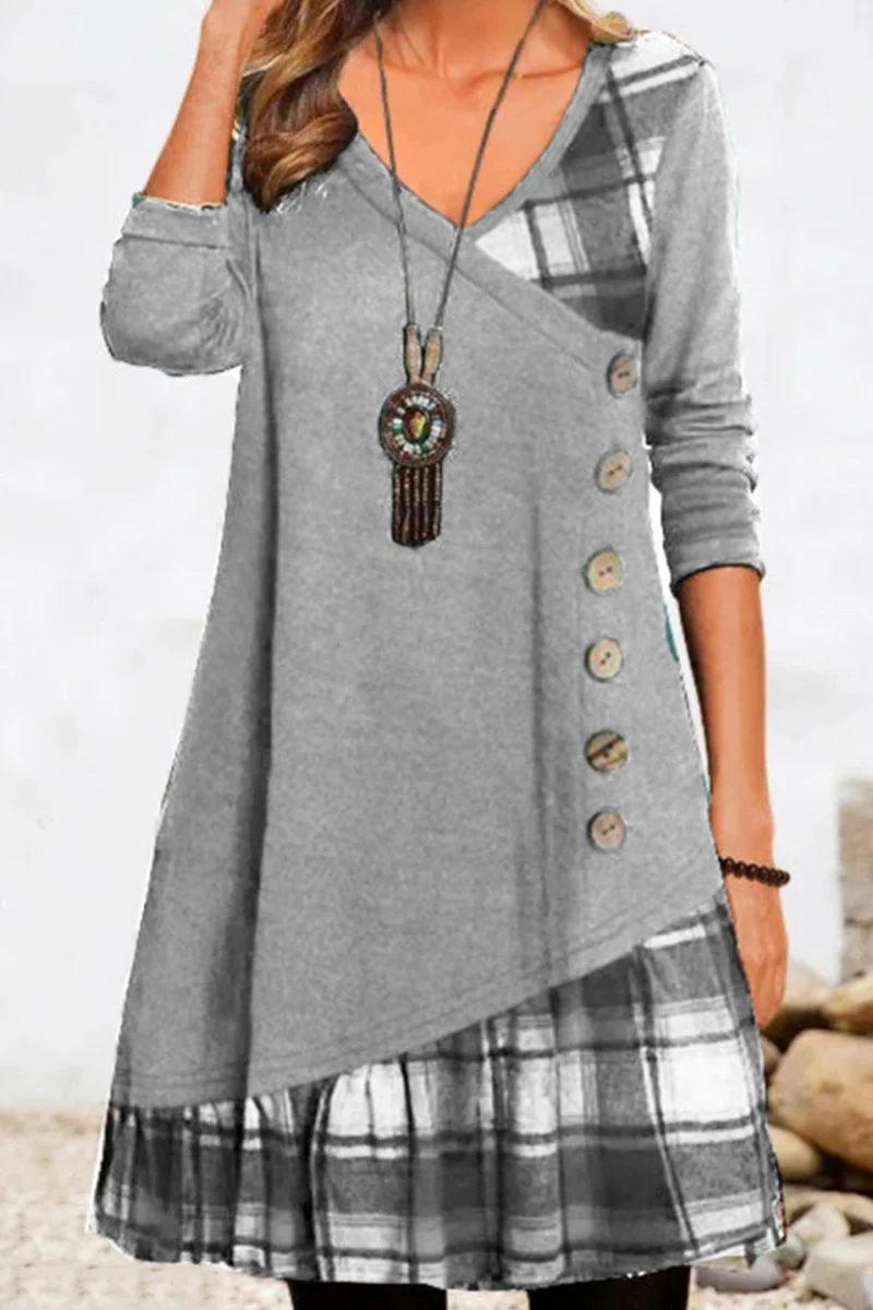 Casual Plaid Patchwork Buttons V Neck A Line Dresses - Panekey