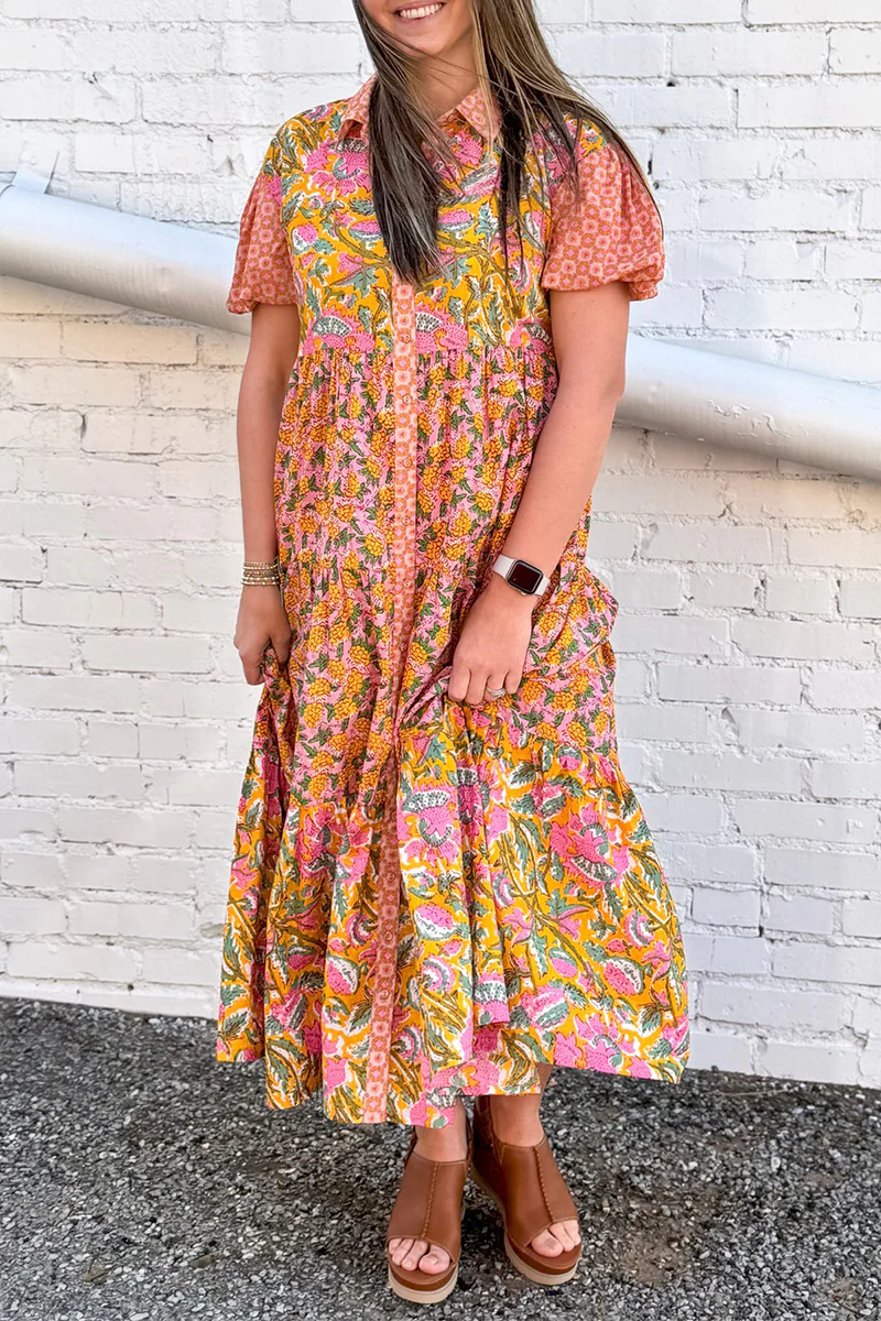 Casual Daily Floral Print Buckle Turndown Collar A Line Dresses - Panekey