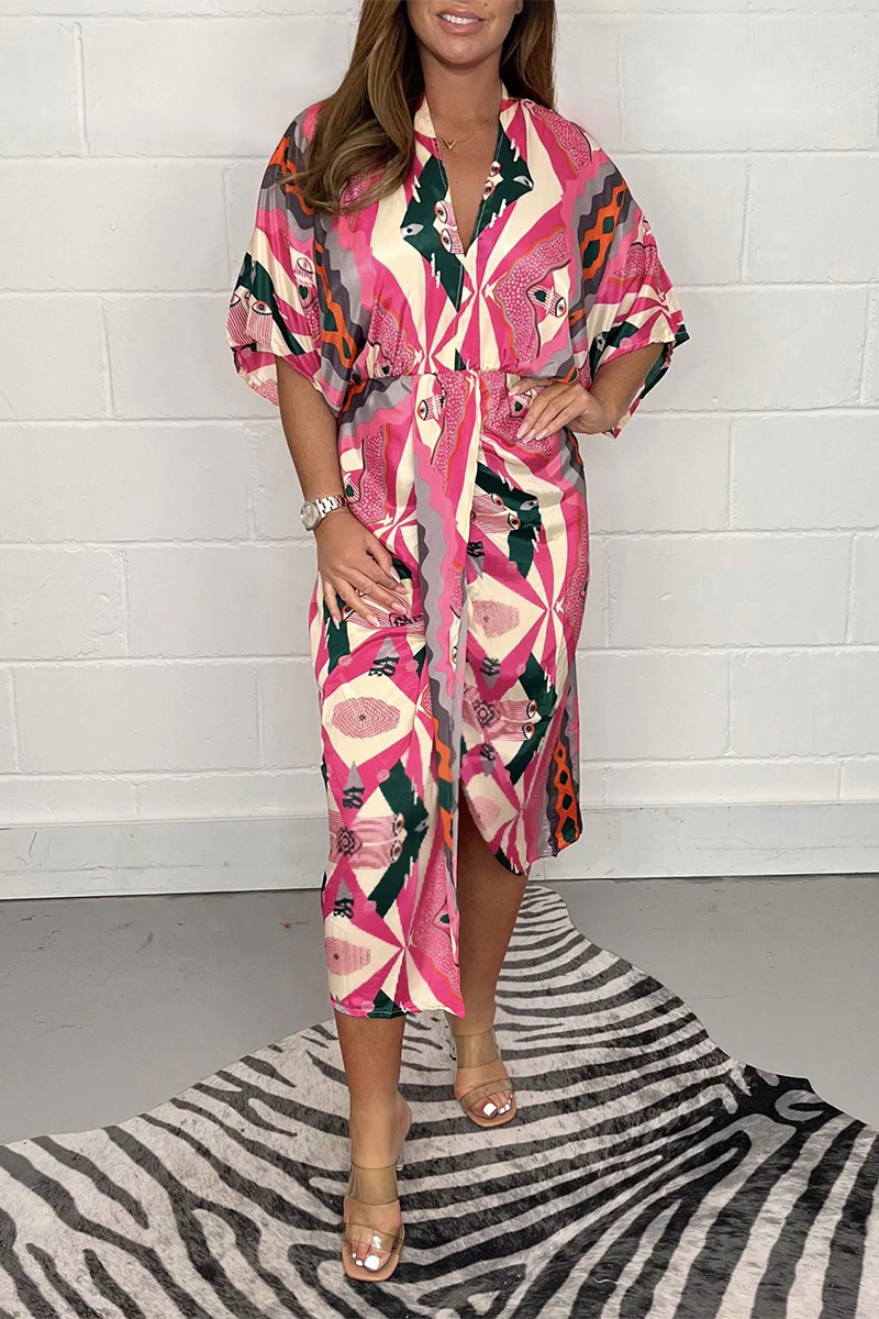Casual Geometric Print Fold V Neck Printed Dress Dresses - Panekey
