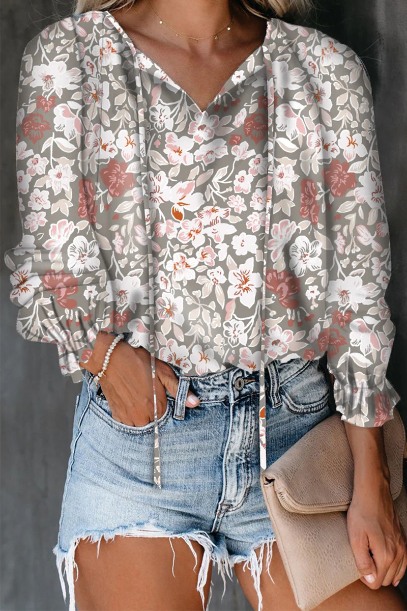 Casual Elegant Print Patchwork Frenulum V Neck Tops(7 Colors) - Panekey