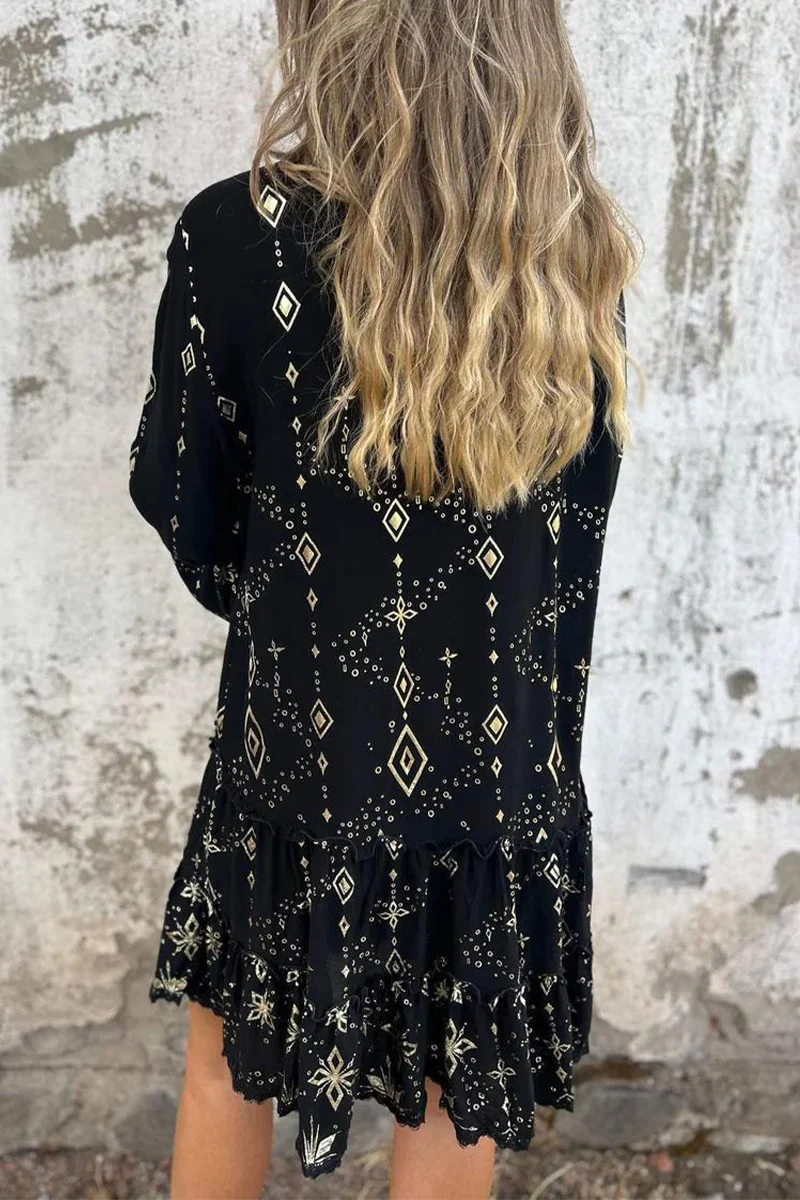 Casual Bronzing Pattern Patchwork Ruffle Contrast Button Collar A Line Dresses - Panekey