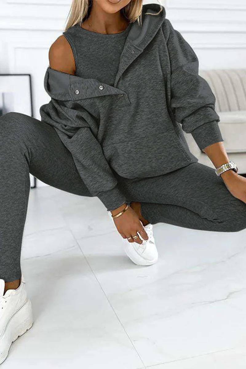 Casual Buttons Texture Hooded Long Sleeve Three Pieces(10 Colors) - Panekey