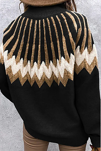 Casual Geometric Split Joint Contrast Turtleneck Tops(4 Colors) - Panekey