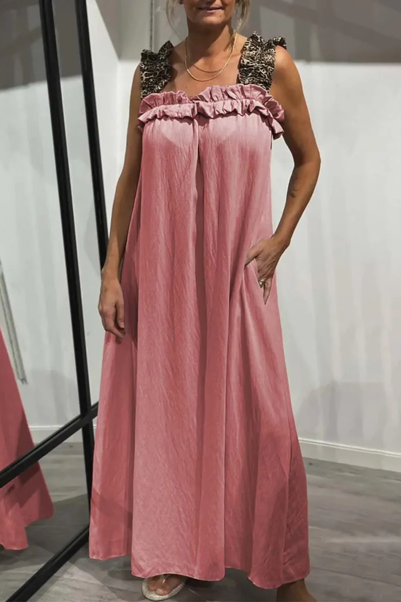 Casual Leopard Pocket Patchwork Flounce Square Neck Long Dresses(8 Colors) - Panekey