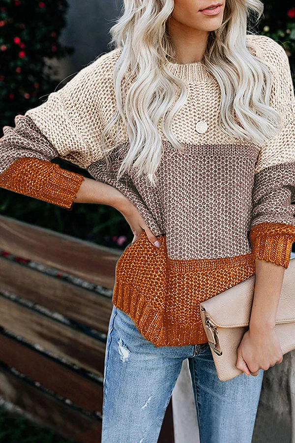 Casual Patchwork Basic  Contrast O Neck Tops Sweater - Panekey
