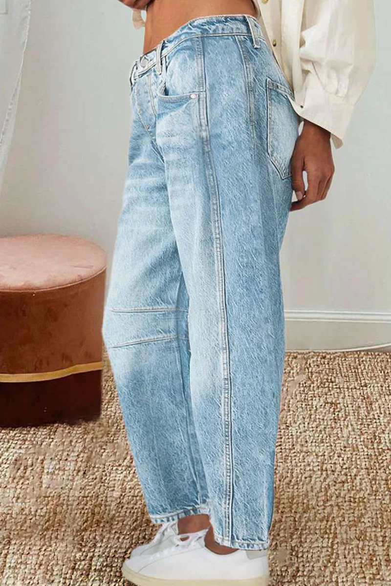 Casual Distressed Contrast Mid Waist Denim Jeans - Panekey