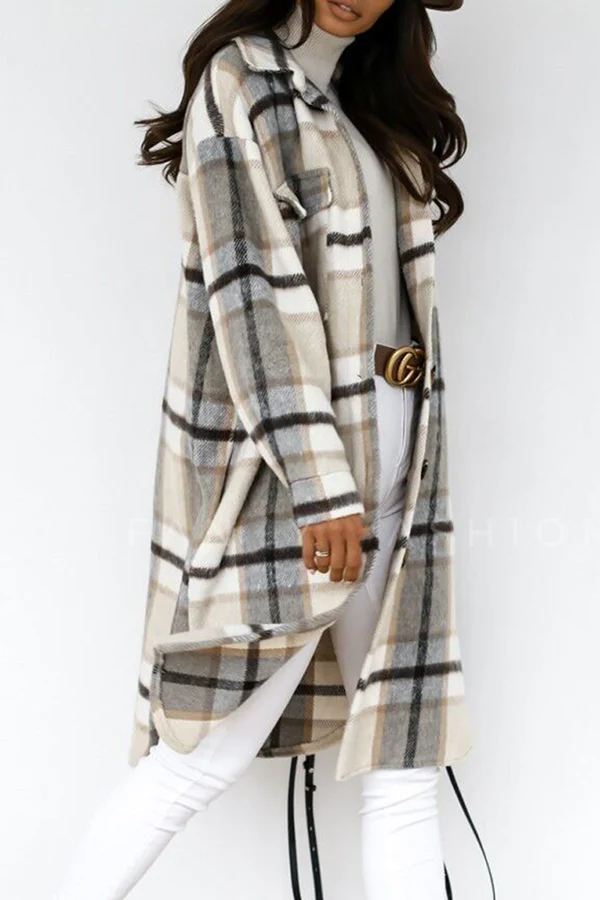Casual Elegant Plaid Pocket Buckle Turndown Collar Outerwear - Panekey