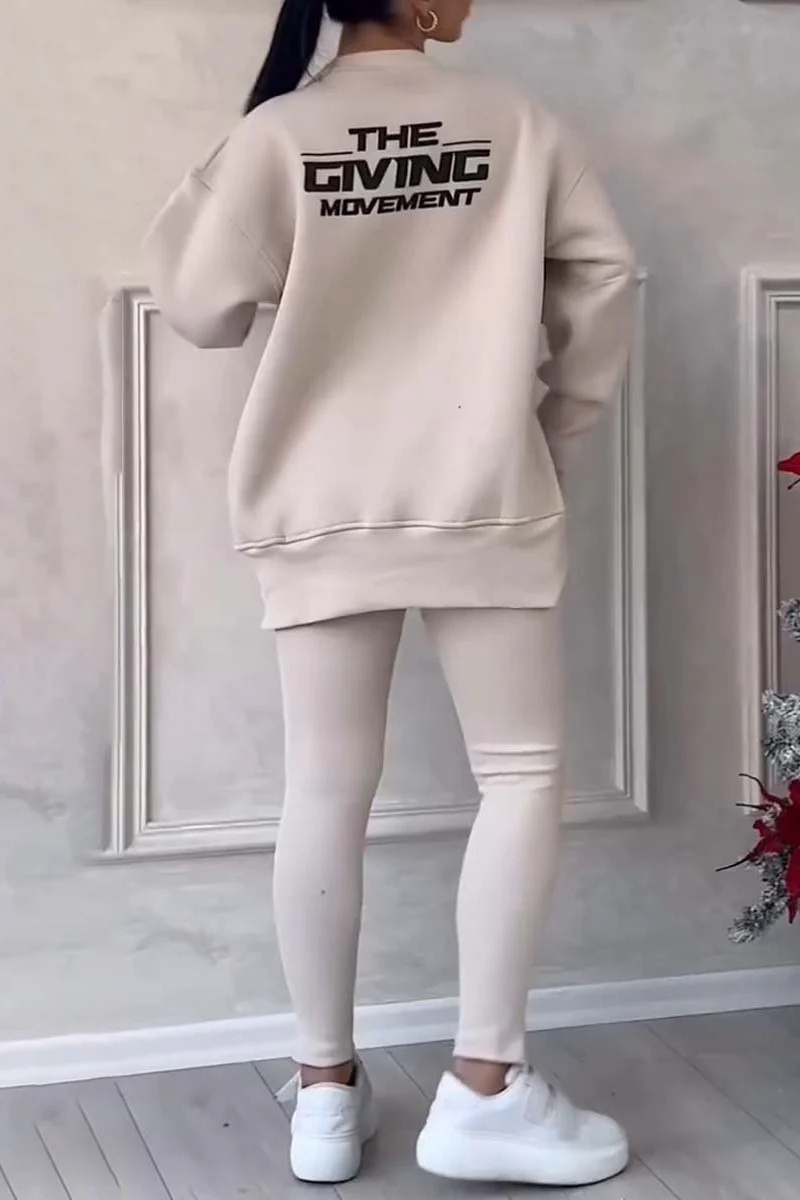 Casual Daily Letter Print Patchwork Slit O Neck Long Sleeve Two Pieces(6 Colors) - Panekey