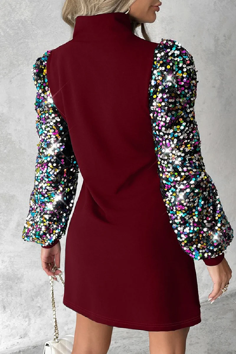 Casual Patchwork Hollowed Out Sequins Half A Turtleneck Long Sleeve Dresses - Panekey