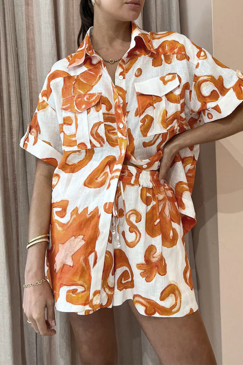 Casual Not Positioning Printed Pocket Turndown Collar Short Sleeve Two Pieces - Panekey