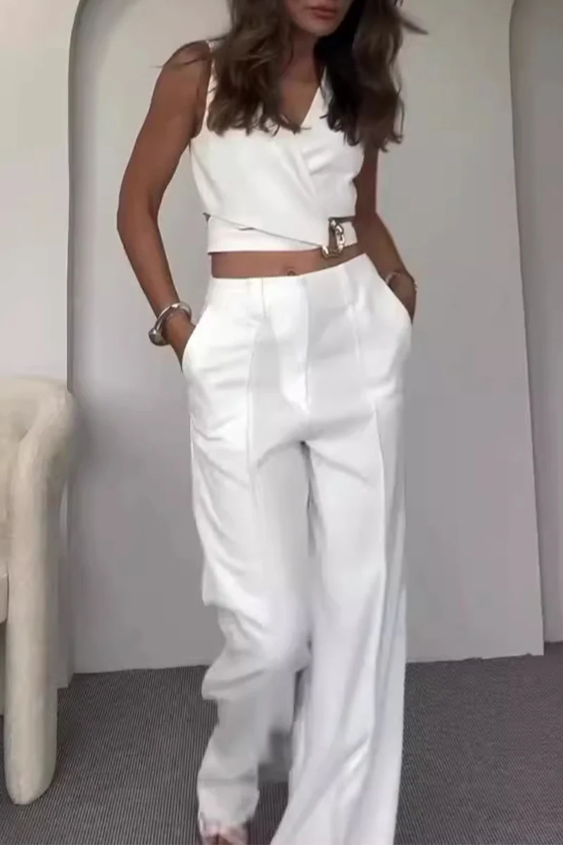 Casual British Style Solid Buttons V Neck Sleeveless Two Pieces - Panekey