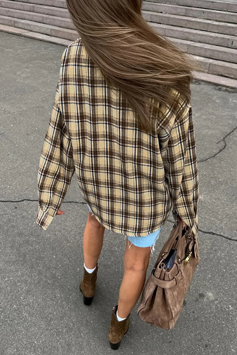 Casual Plaid Buttons Contrast Turndown Collar Blouses - Panekey