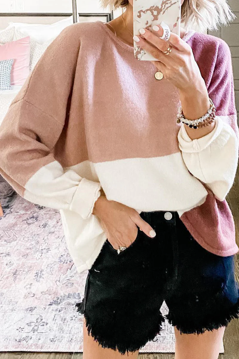 Casual Patchwork  Contrast O Neck Tops Sweater - Panekey