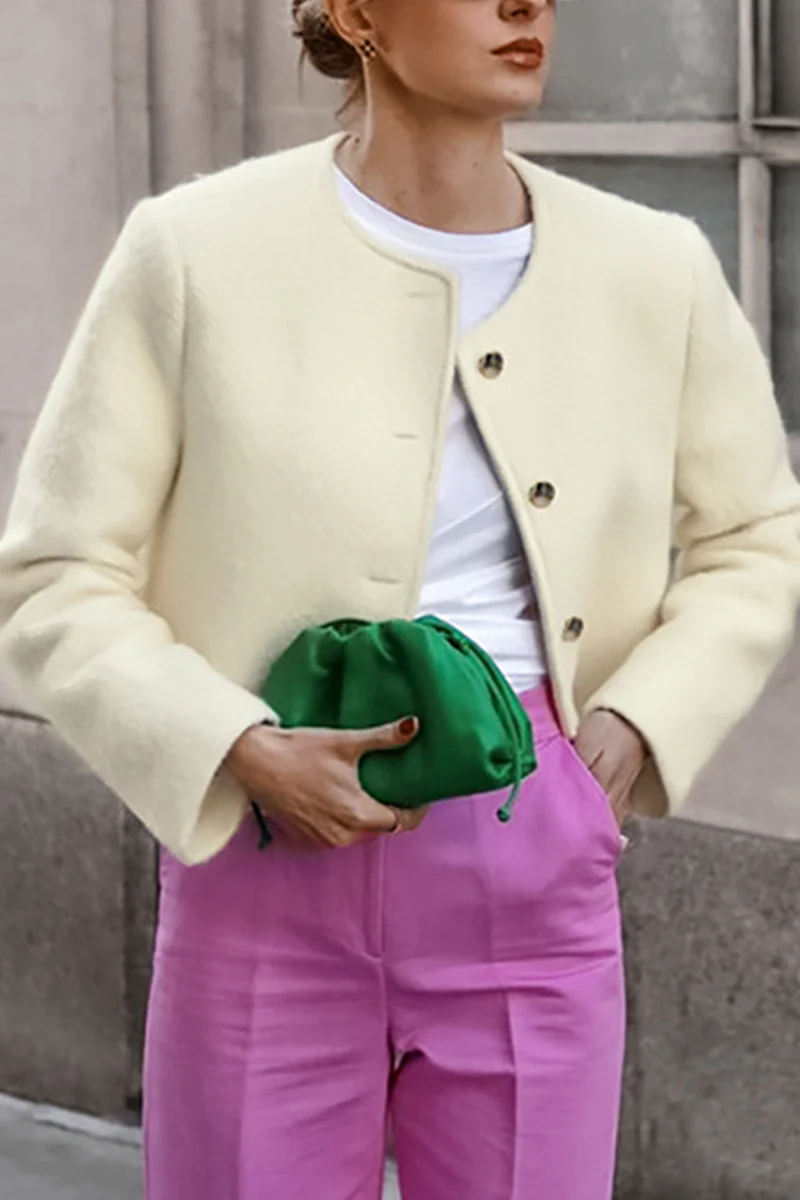 Casual Daily Solid Color Buttons O Neck Outerwear - Panekey