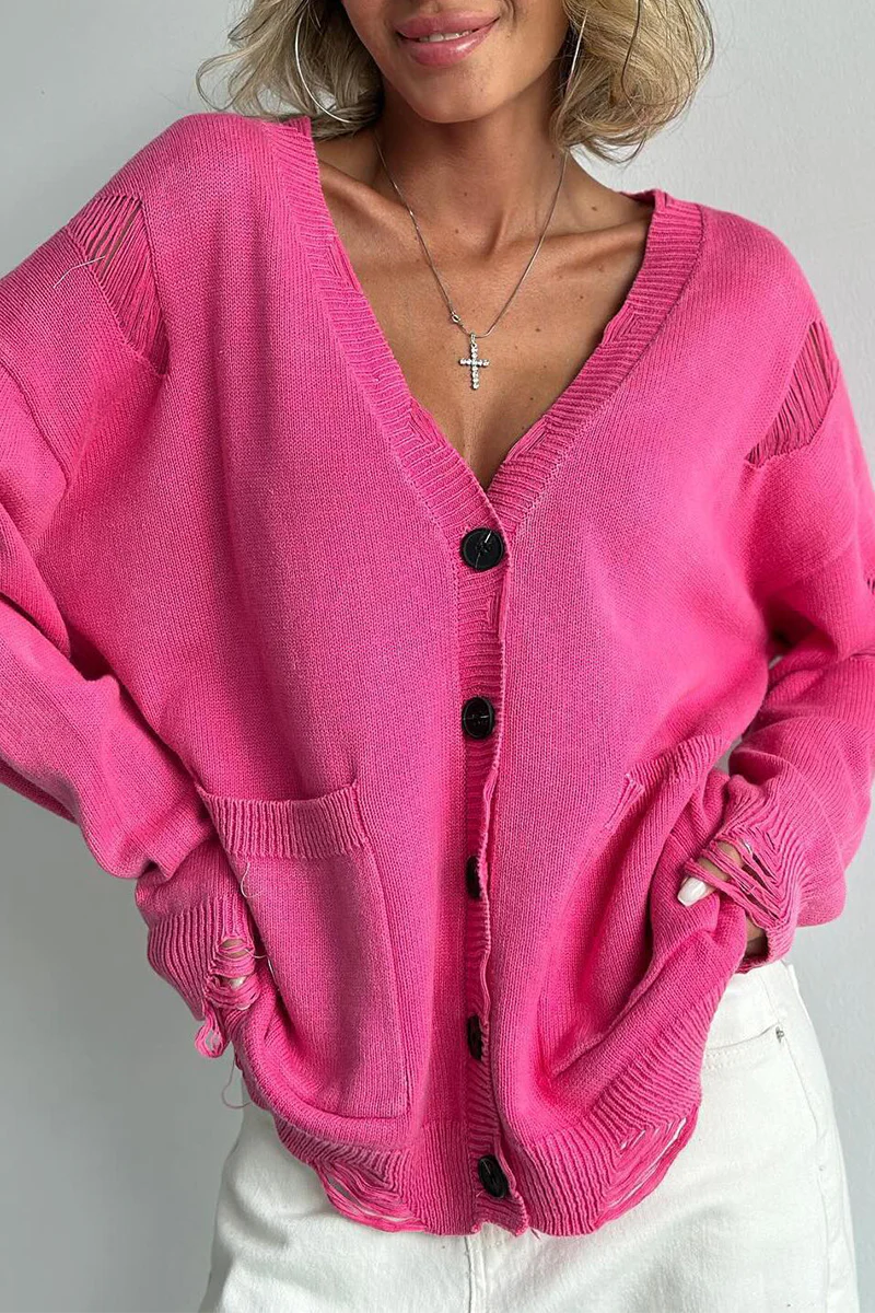 Casual Daily Solid Color Ripped Distressed Pocket Buttons V Neck Outerwear(3 Colors) - Panekey