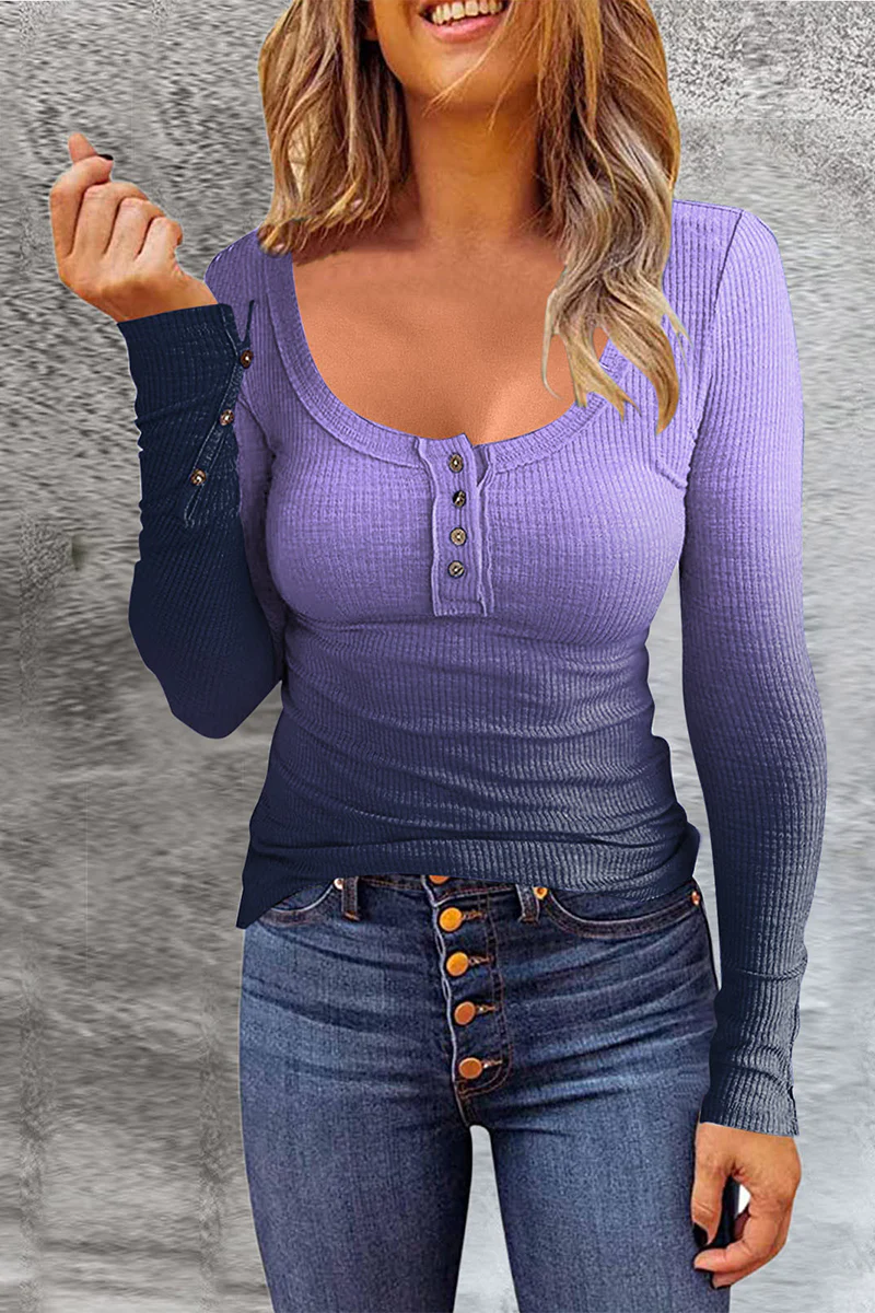 Casual Gradual Change Color Block Patchwork Buttons O Neck T-Shirts(7 Colors) - Panekey