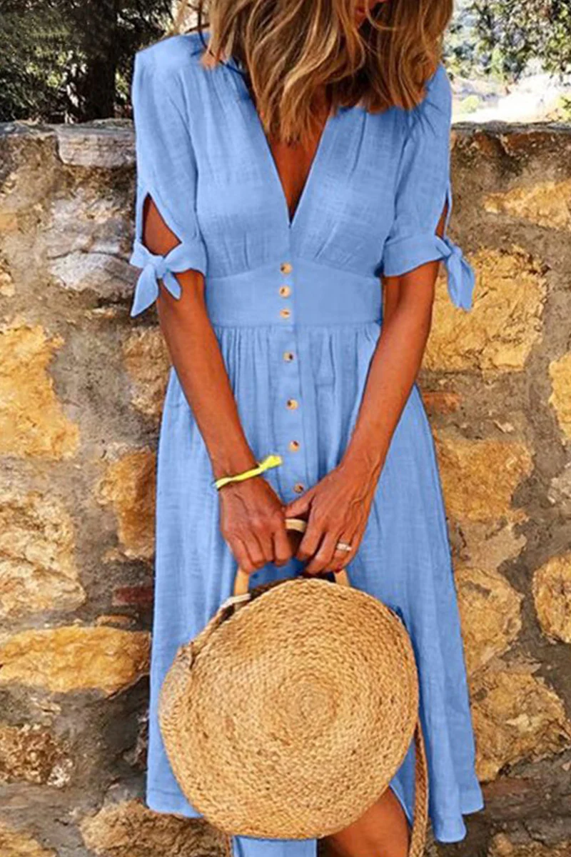 Casual Elegant Buckle Knotted V Neck Dresses(4 Colors) - Panekey