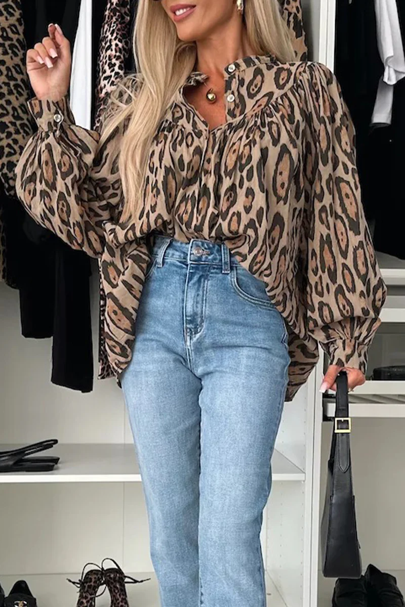 Casual Leopard Buttons Ruched O Neck Blouses - Panekey